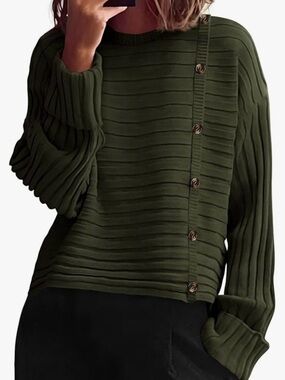 Olive Green Ribbed Button-Accent Women's Sweater